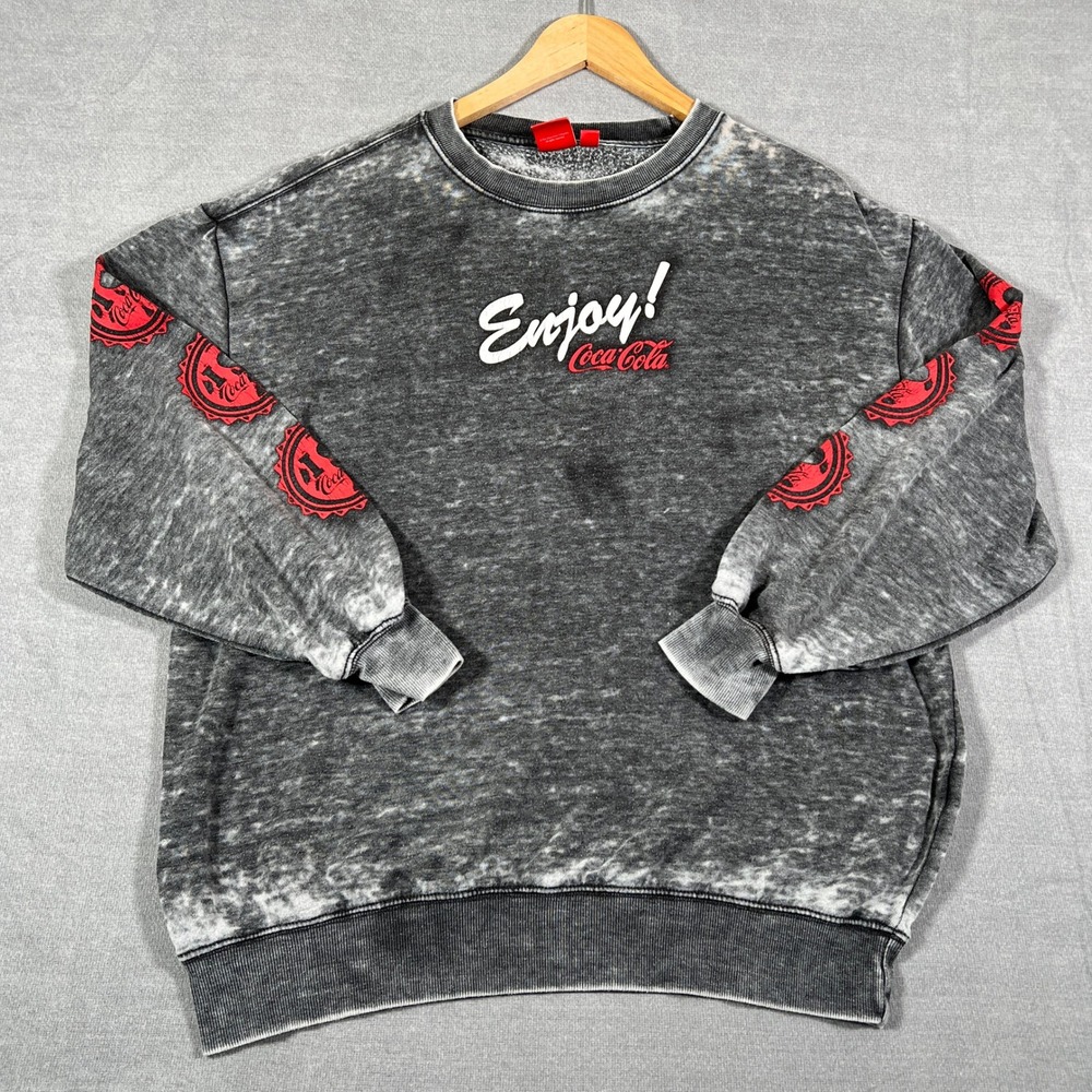 Coca-Cola Graphic Acid Wash Crewneck Sweatshirt Mens Medium Gray Cotton Blend
